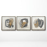 Cargar imagen en el visor de la Galería, Pandora set de 3 cuadros decorativos con hoja de oro y tonos grises en marcos dorados sobre pared blanca.