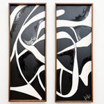 Cargar imagen en el visor de la Galería, Set Humo de 2 cuadros decorativos de acrílico y marco nogal 60x160 cm con arte abstracto en blanco y negro.