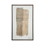 Cargar imagen en el visor de la Galería, Cuadro decorativo vertical Kokay II con arte abstracto texturizado en tonos beige, café y fondo blanco enmarcado en café oscuro.