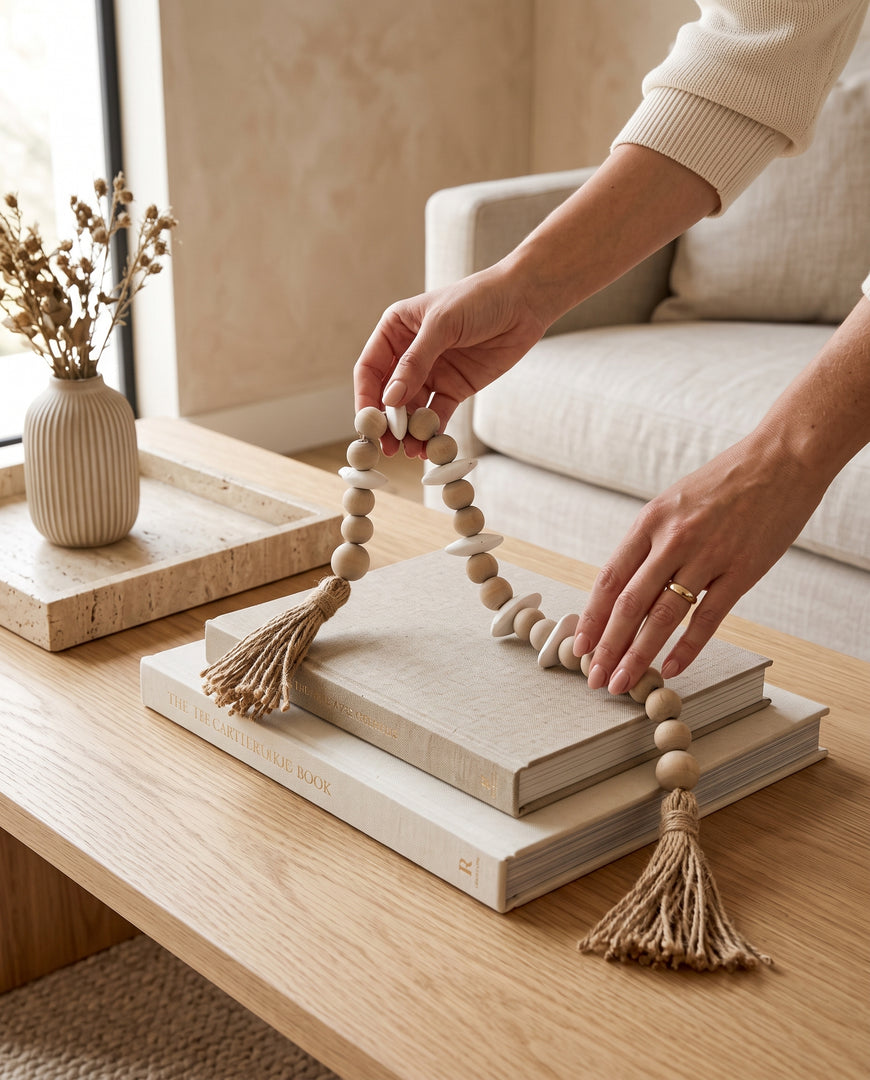 Cuentas decorativas Mala Sina colocadas sobre libros en una mesa de centro de madera.