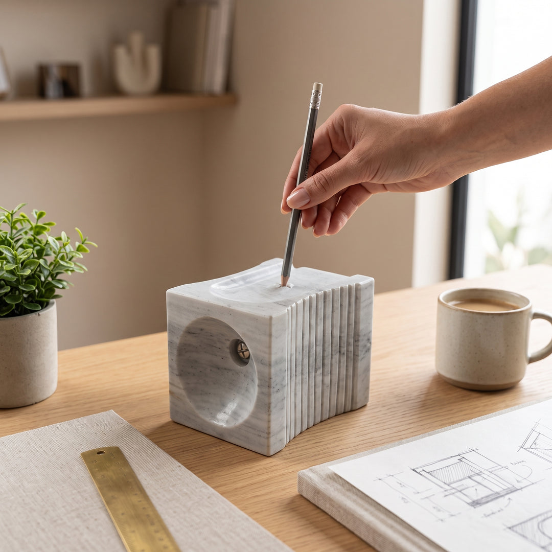 Mano usando el sacapuntas mármol decorativo para escritorio y oficina sobre una mesa de madera.