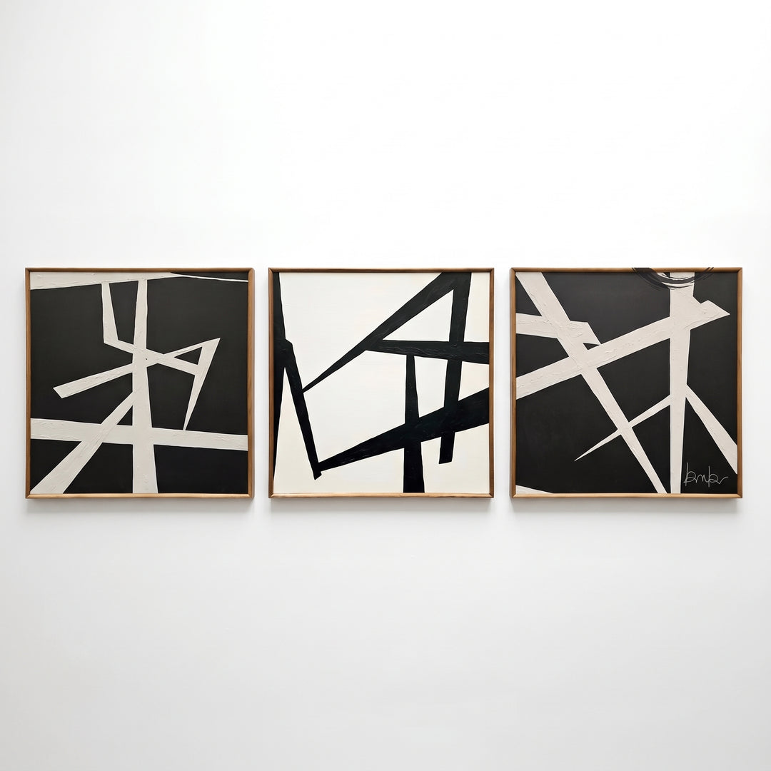 Cuadros Decorativos Trazo Set 3 en Acrílico y Madera 80x80cm con arte abstracto moderno en blanco y negro.
