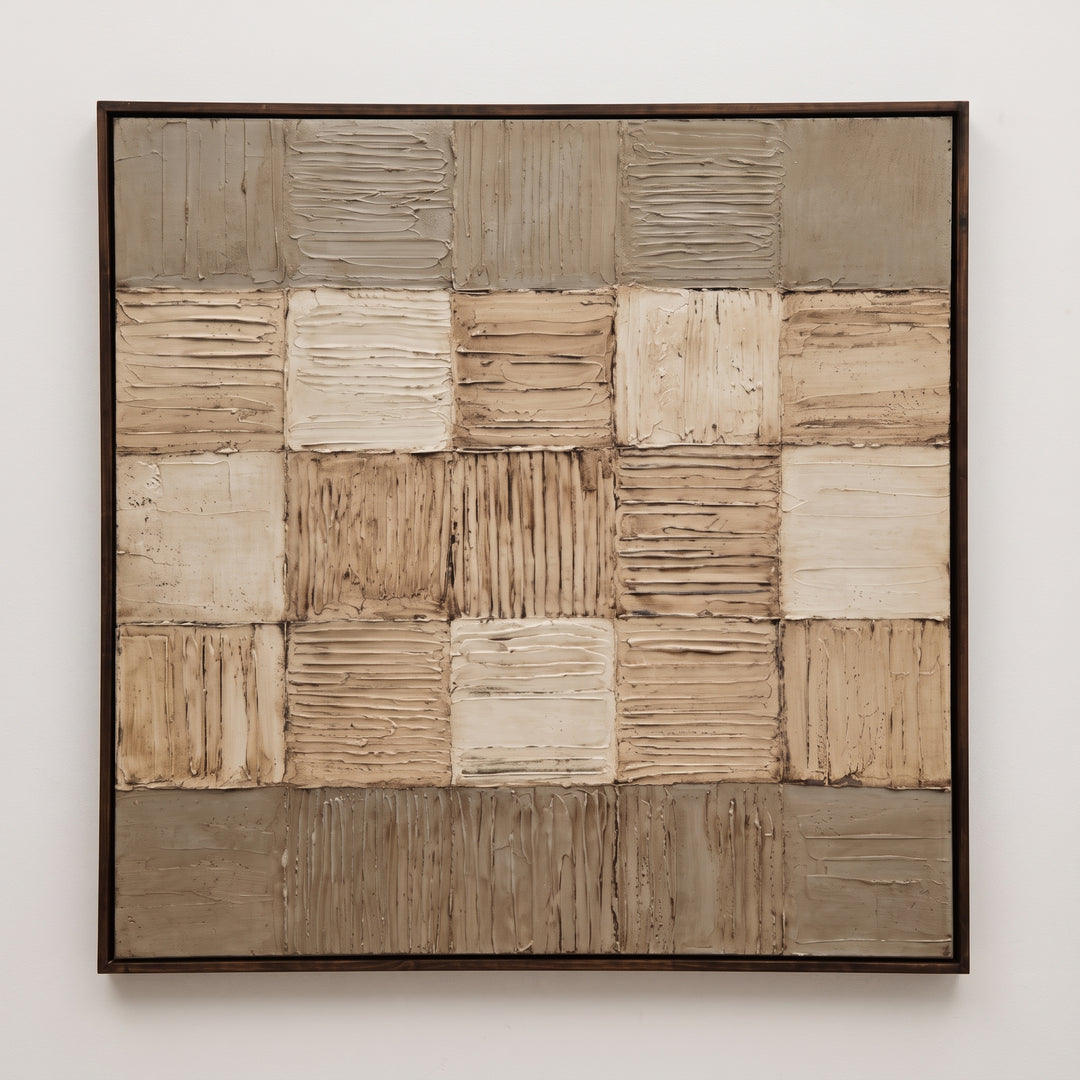 Cuadro Telar Arte Texturizado Alto Relieve 140x140 Marco Nogal con diseño geométrico en tonos neutros.
