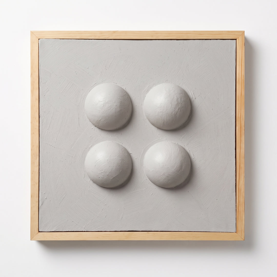 Cuadros perlas decorativos de 50x50 cm para sala y dormitorio con cuatro relieves esféricos y marco de madera.