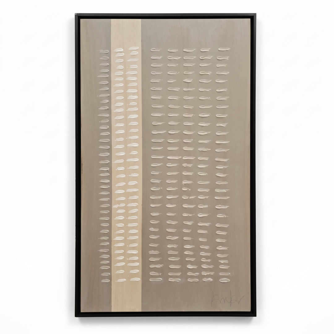 Cuadro decorativo Sabi acrílico en alto relieve 90x150 cm con marco negro y textura en tonos beige y blanco.