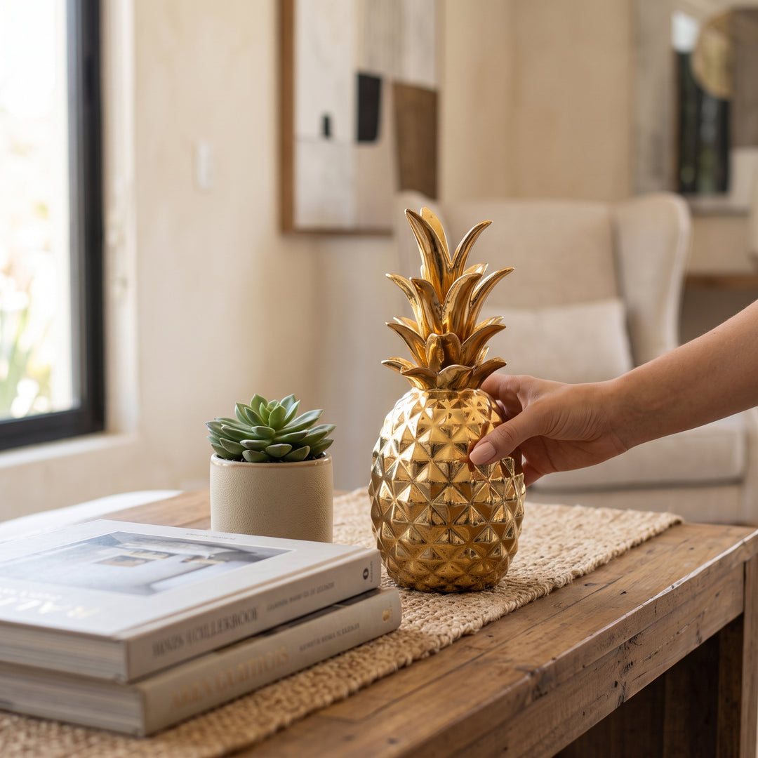 Mano colocando la figura decorativa Piña Hollywood de cerámica dorada en una mesa con libros.