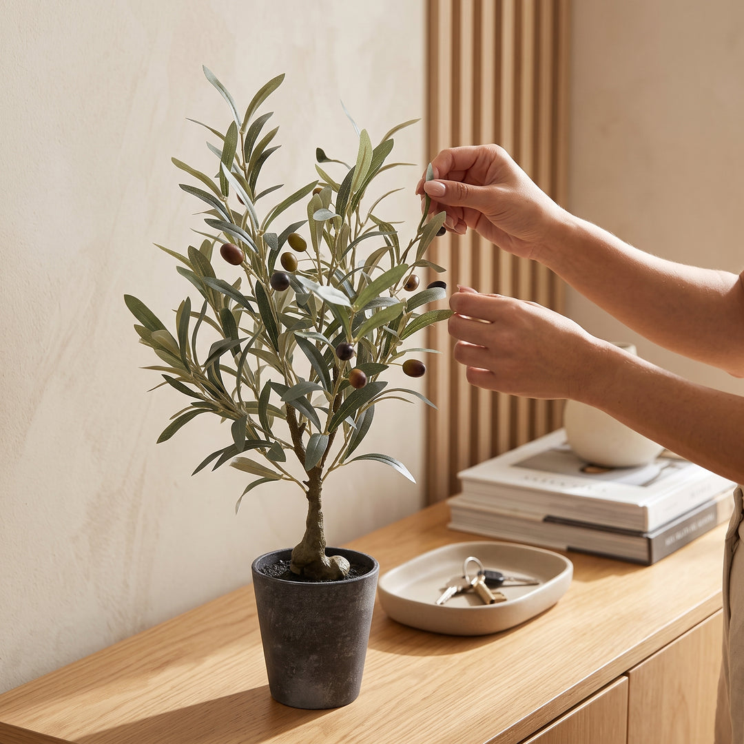 Manos acomodando el árbol olivo artificial chico para interior en maceta sobre un mueble.