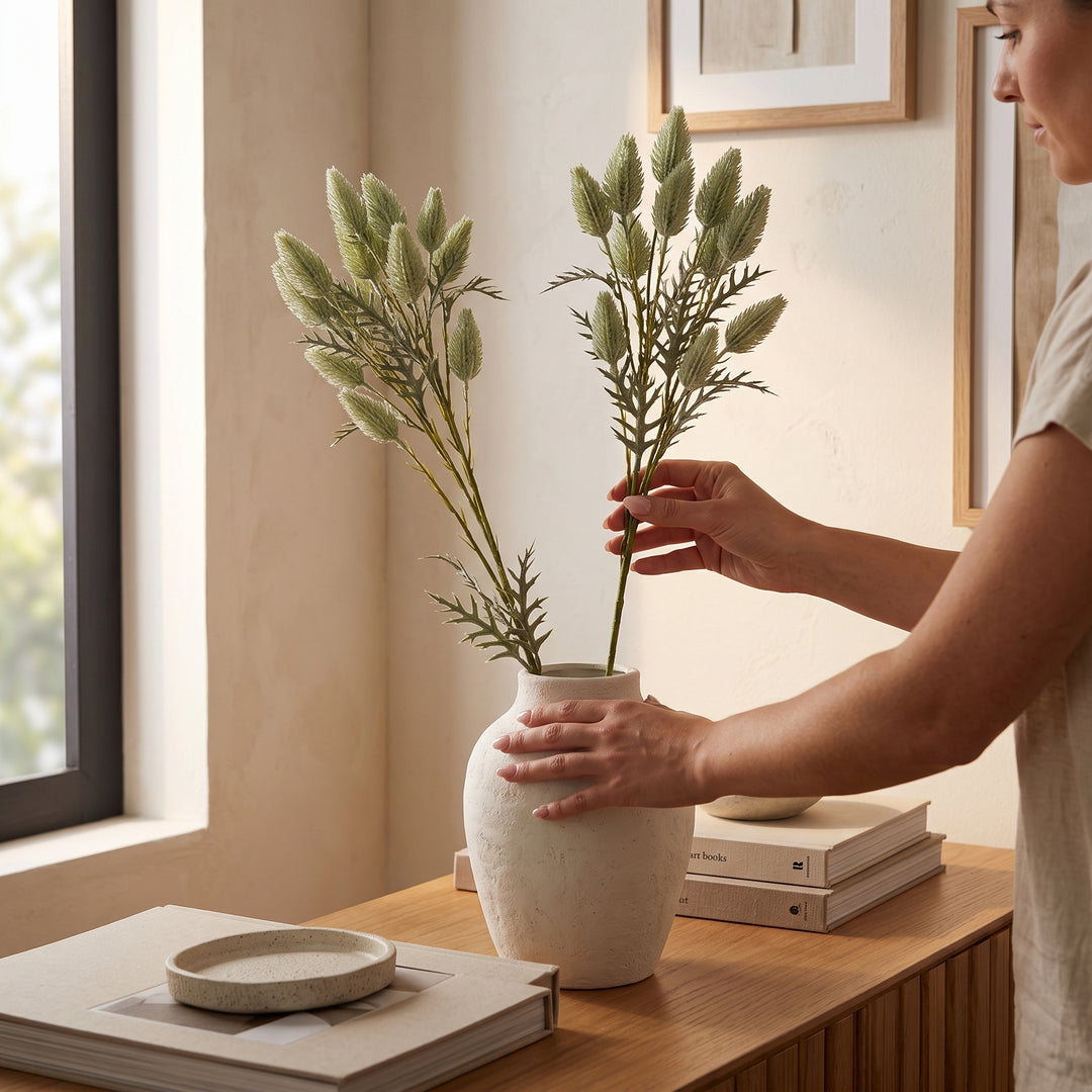 Mujer colocando el follaje artificial Alpska en un jarrón blanco sobre un mueble de madera.