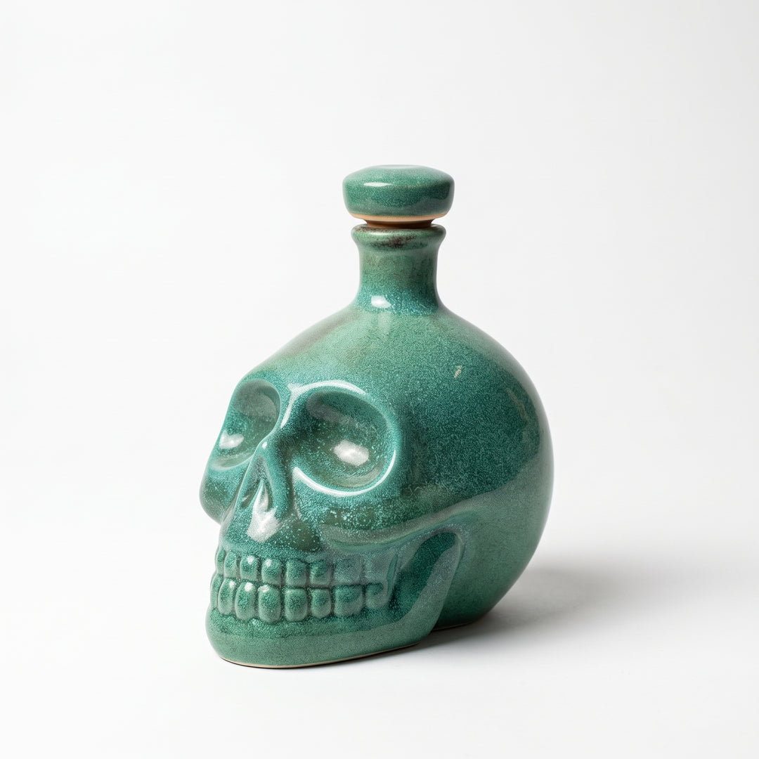 Tequilero calavera cerámica stoneware 350ml verde con tapón para tequila y mezcal.