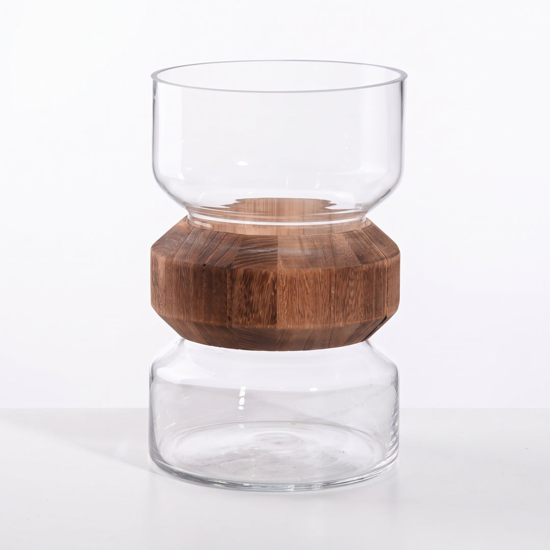 Jarrón Adam grande de cristal de 28cm con aro central de madera para ramos y decoración.