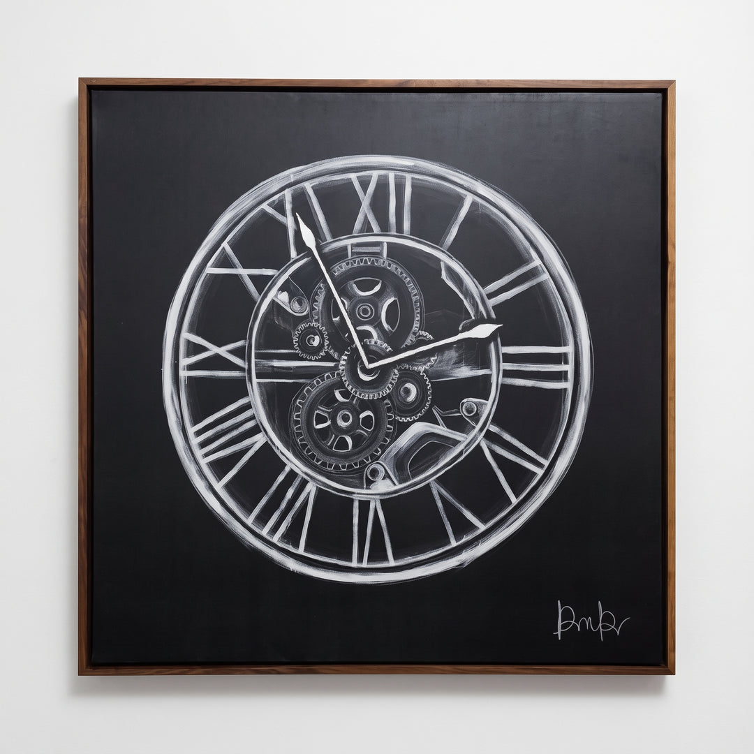 Cuadro Grande Tempo 140x140 cm para Decoración de Interiores con diseño de reloj vintage en blanco y negro.