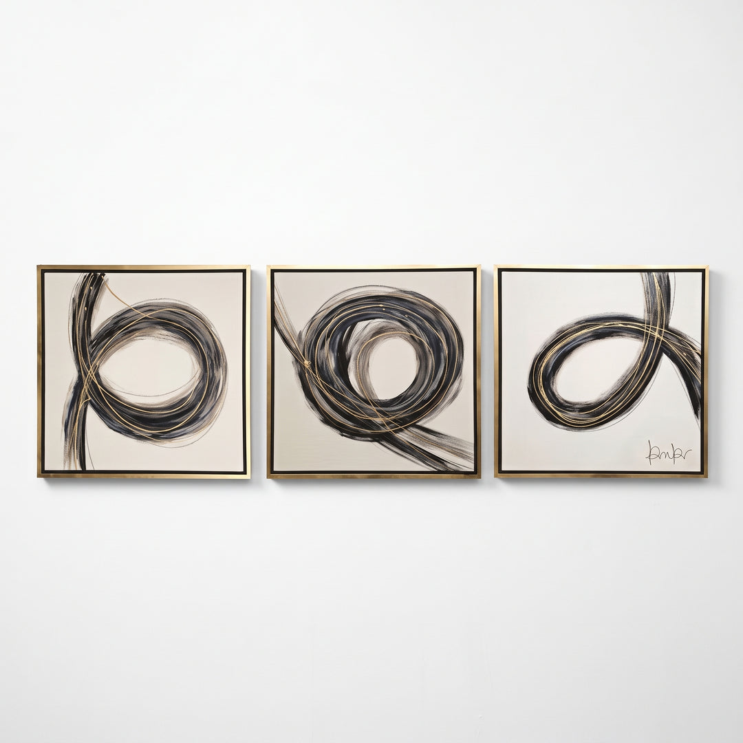 Set de 3 Cuadros Decorativos Oleaje para Pared 80x80 cm con arte abstracto en negro y dorado sobre pared blanca.
