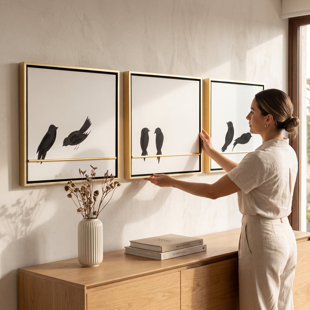 Mujer colocando el set de 3 cuadros Nido para pared de 0.80x0.80 cm en un salón cálido y moderno.