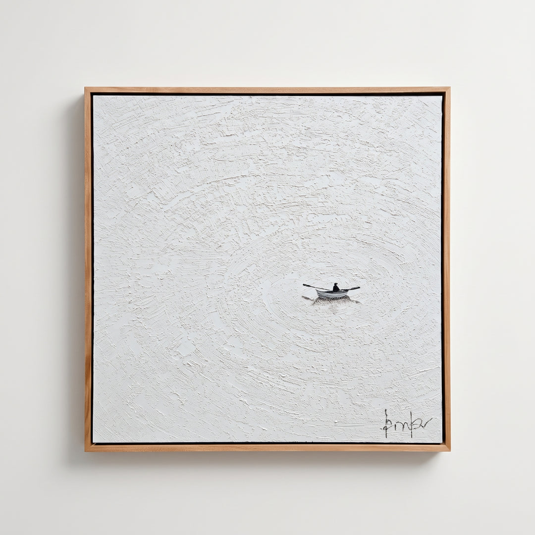 Cuadro Navegante 120 X 120 en técnica mixta con textura blanca y marco de madera rosamorada.