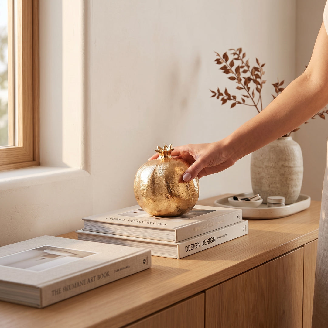 Mano colocando la figura Granada Seda decorativa en poliresina dorado sobre libros de diseño.