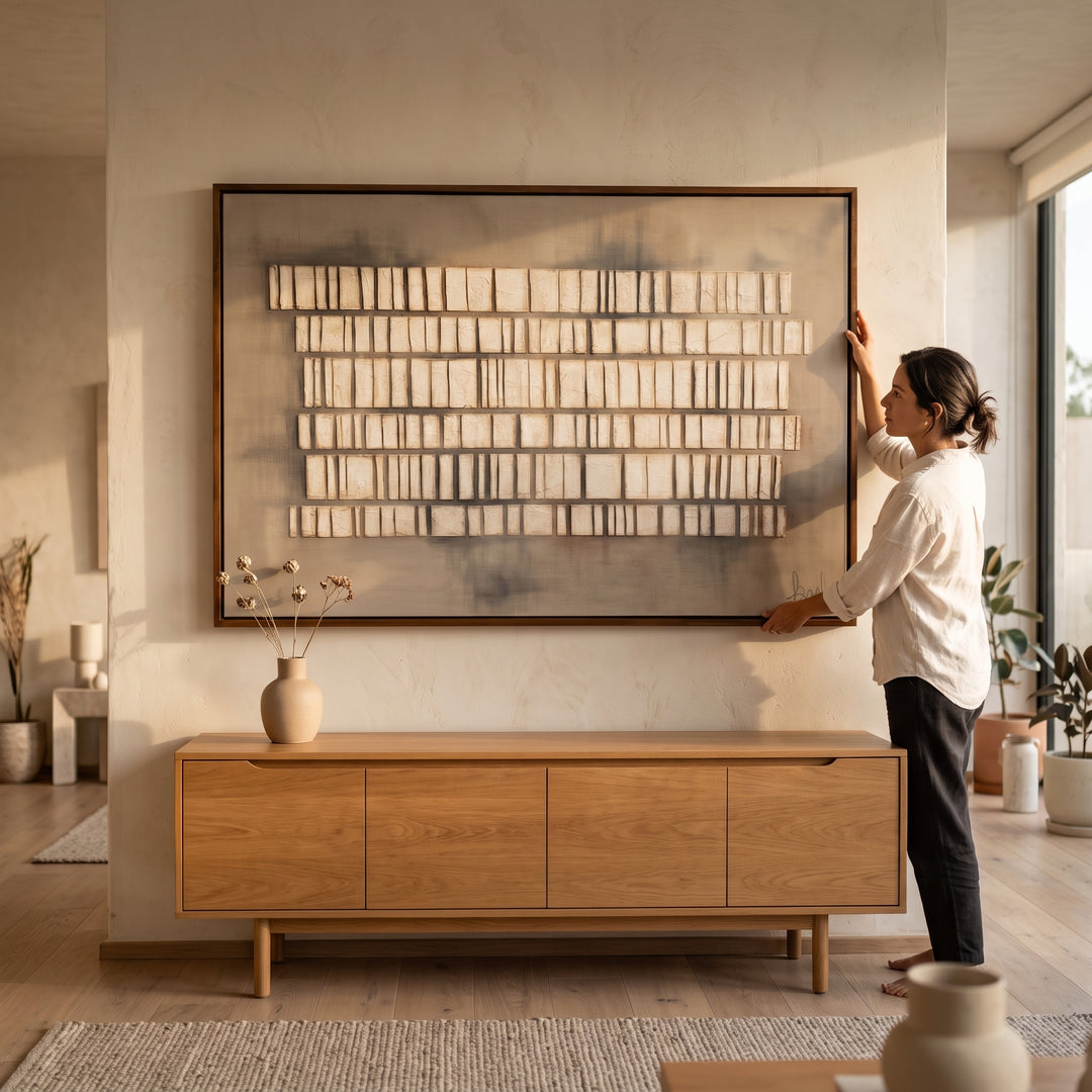 Mujer acomodando el Cuadro Vestigios con relieve y marco de madera sobre un mueble en la sala.