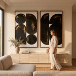 Cargar imagen en el visor de la Galería, Set de Cuadros Negroni 90 X 150 Marco Madera Nogal colgados sobre credenza en sala moderna y cálida.