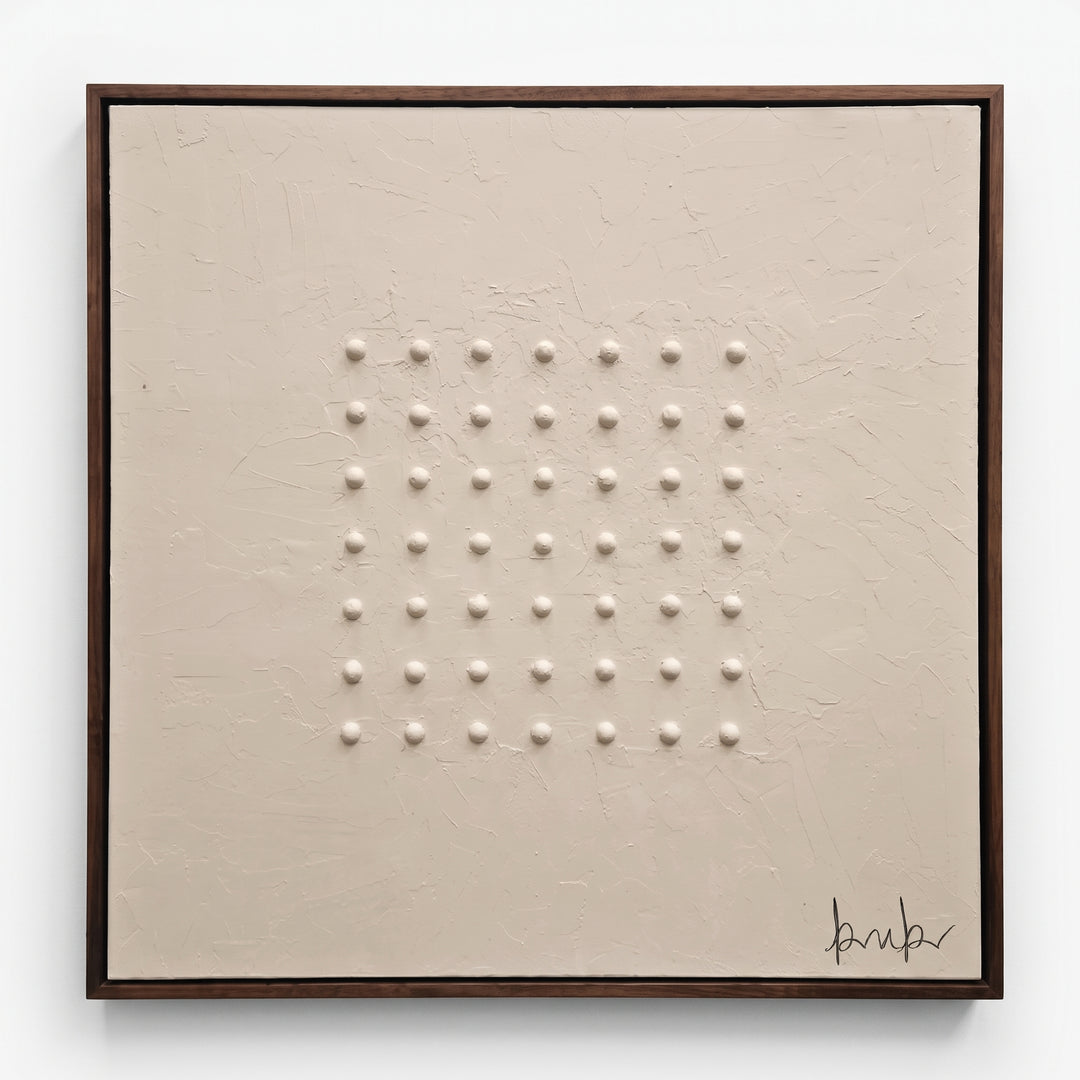 Cuadro Retícula II Técnica Mixta con Marco Madera Nogal y textura en alto relieve beige