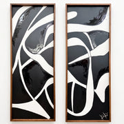 Set Humo de 2 cuadros decorativos de acrílico y marco nogal 60x160 cm con arte abstracto en blanco y negro.