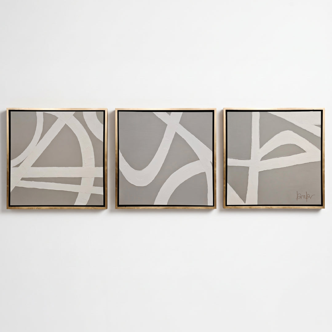 Set Arenal 3 cuadros decorativos 80 x 80 marco hoja de oro con arte abstracto texturizado en pared.