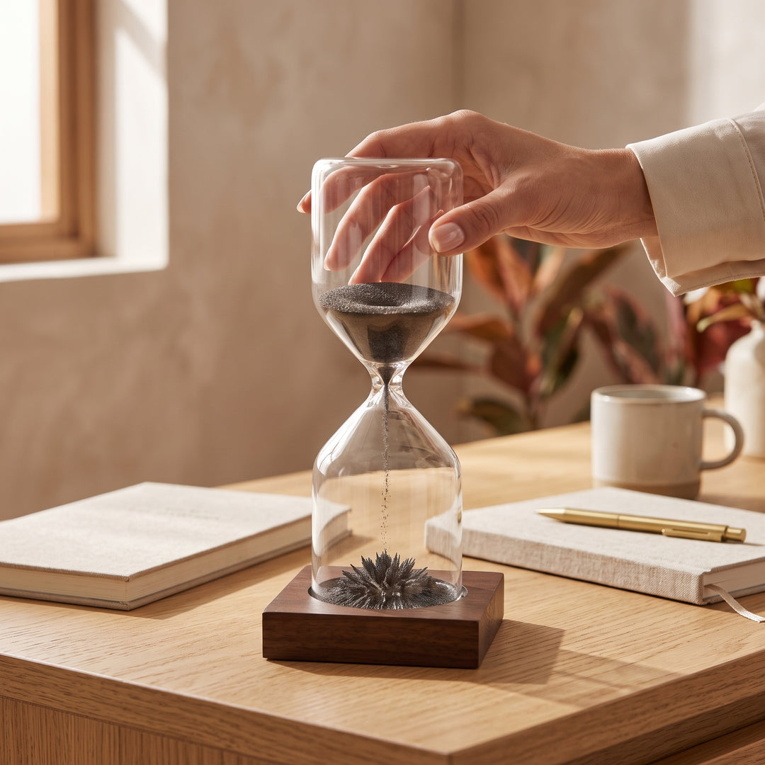 Mano sosteniendo el reloj de arena Puerto de cristal con imán y base de madera sobre un escritorio.