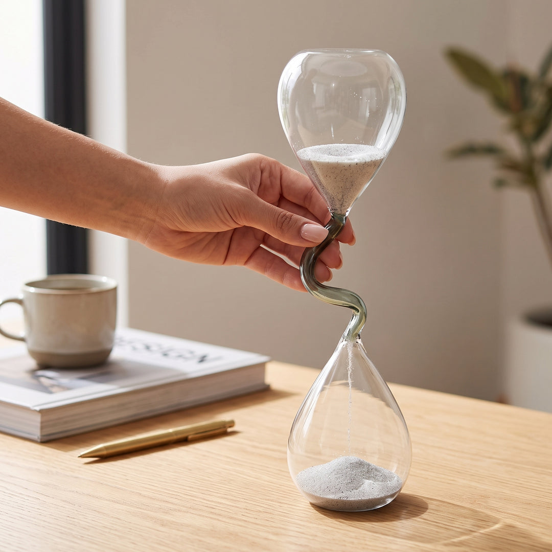 Mano sosteniendo un reloj de arena salina en cristal para decoración de interiores 30 cm en un escritorio.
