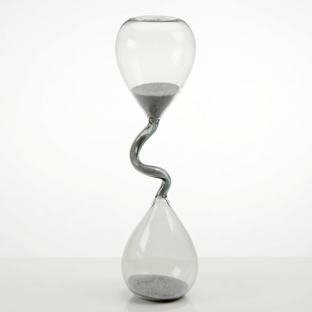 Reloj de arena salina en cristal de 30 cm con cuello espiral y arena gris para decoración de interiores.