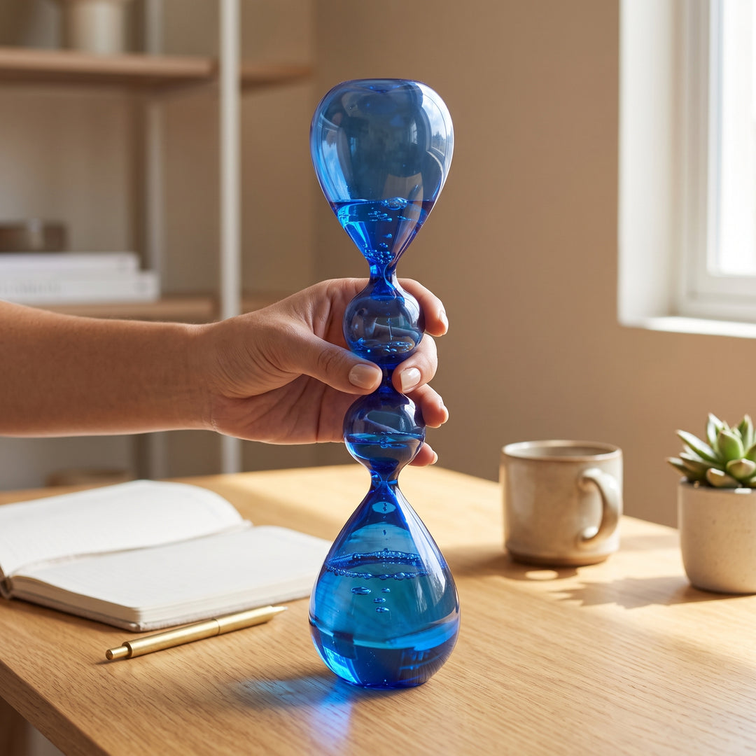Mano sosteniendo el reloj de agua coralino en cristal azul sobre un escritorio de madera.