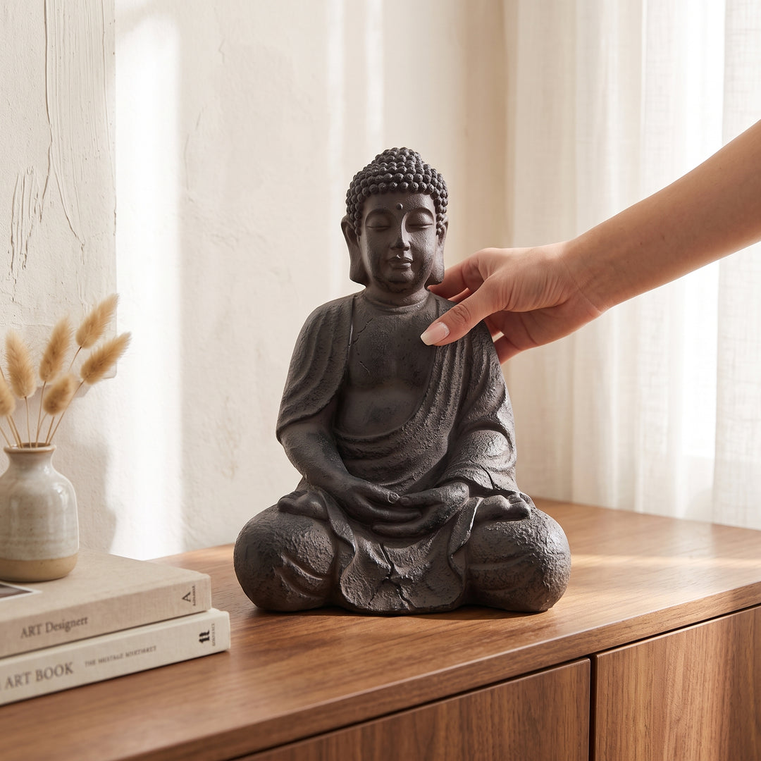 Mano acomodando la figura decorativa Buda Halo de poliresina sobre un mueble de madera junto a libros.