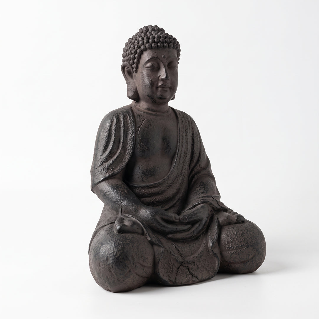 Figura decorativa Buda Halo de poliresina para espacios interiores en pose meditativa.