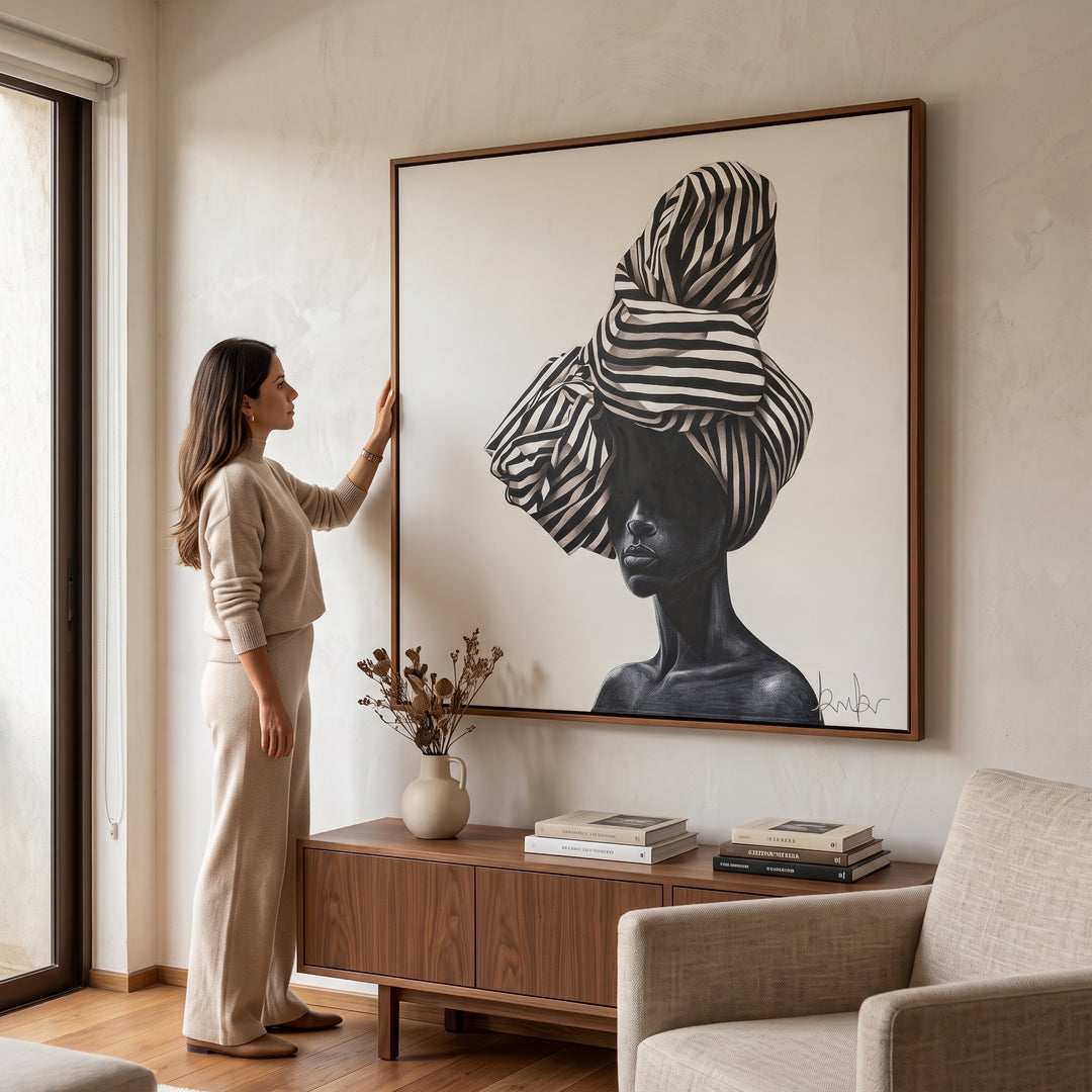 Mujer junto al gran Cuadro Malawi con marco de madera en un elegante salón moderno.