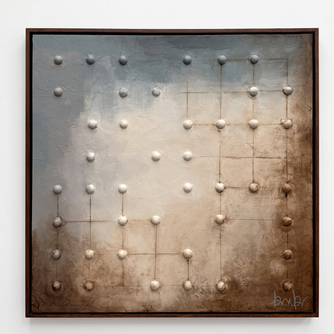 Cuadro Esquemas 140 x 140 cm con técnica mixta, textura en relieve y marco nogal.