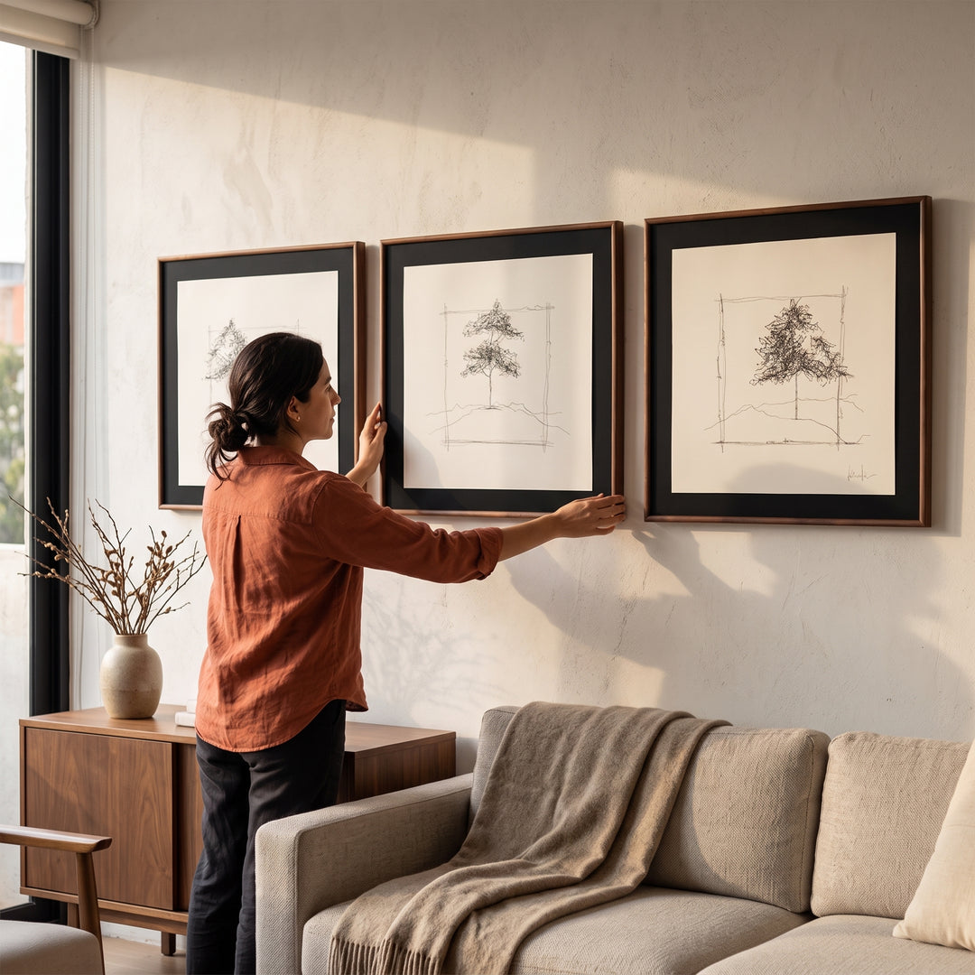 Mujer acomodando el Set Foret Cuadros Técnica Mixta con Moldura de Madera Sólida en la pared.