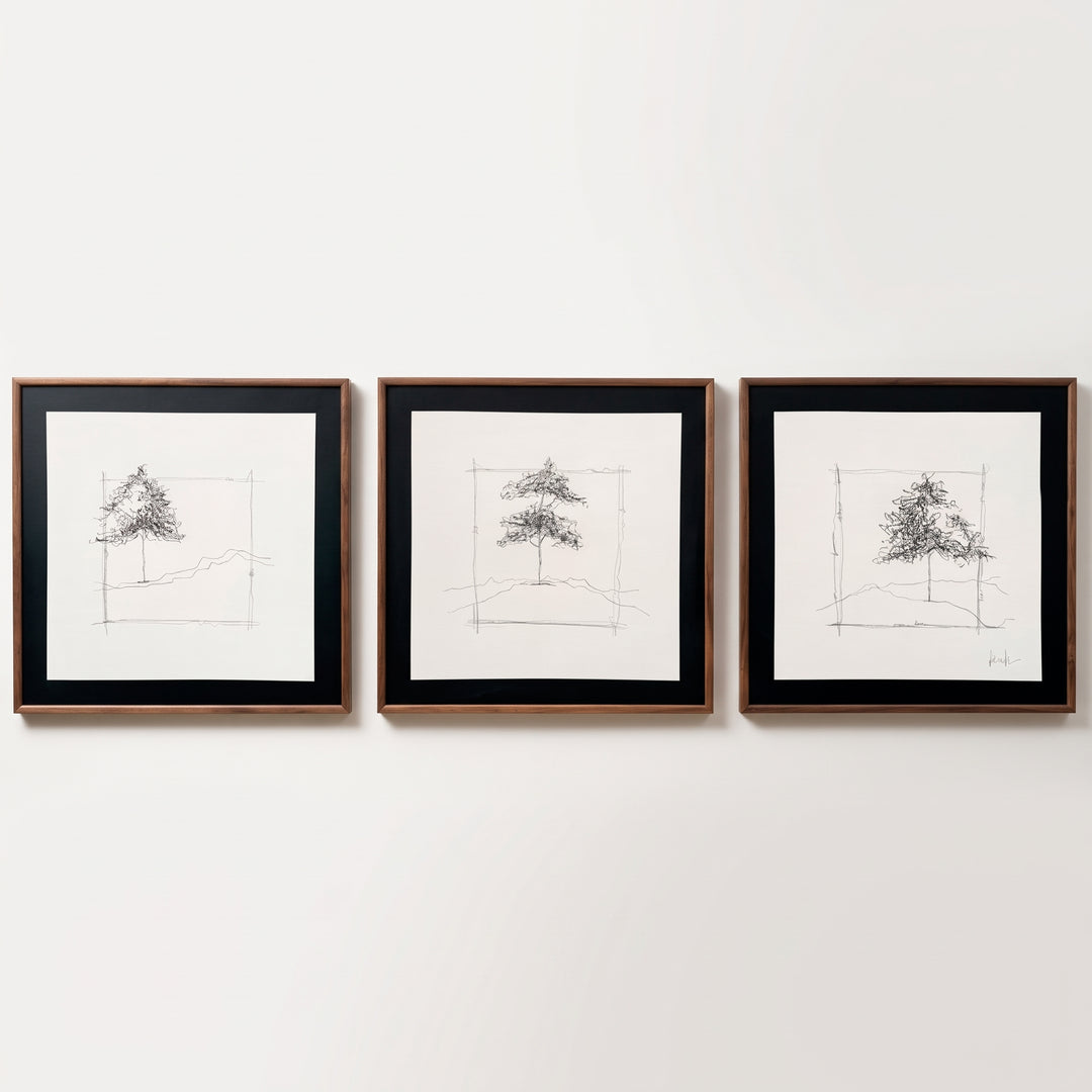 Set Foret Cuadros Técnica Mixta con Moldura de Madera Sólida en pared blanca con dibujos de árboles.
