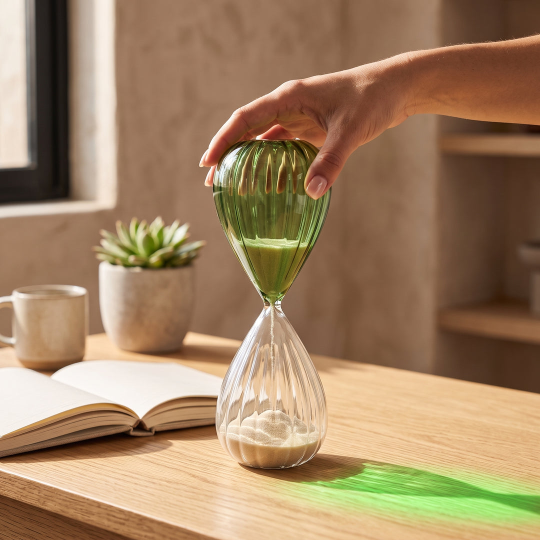 Mano sosteniendo el reloj de arena Vestal de cristal verde de 28 cm sobre un escritorio de madera junto a un libro.
